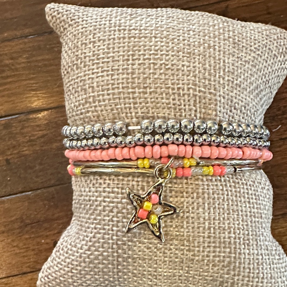 Chic Silver and Pink Beaded Bracelet Set with Star Charm